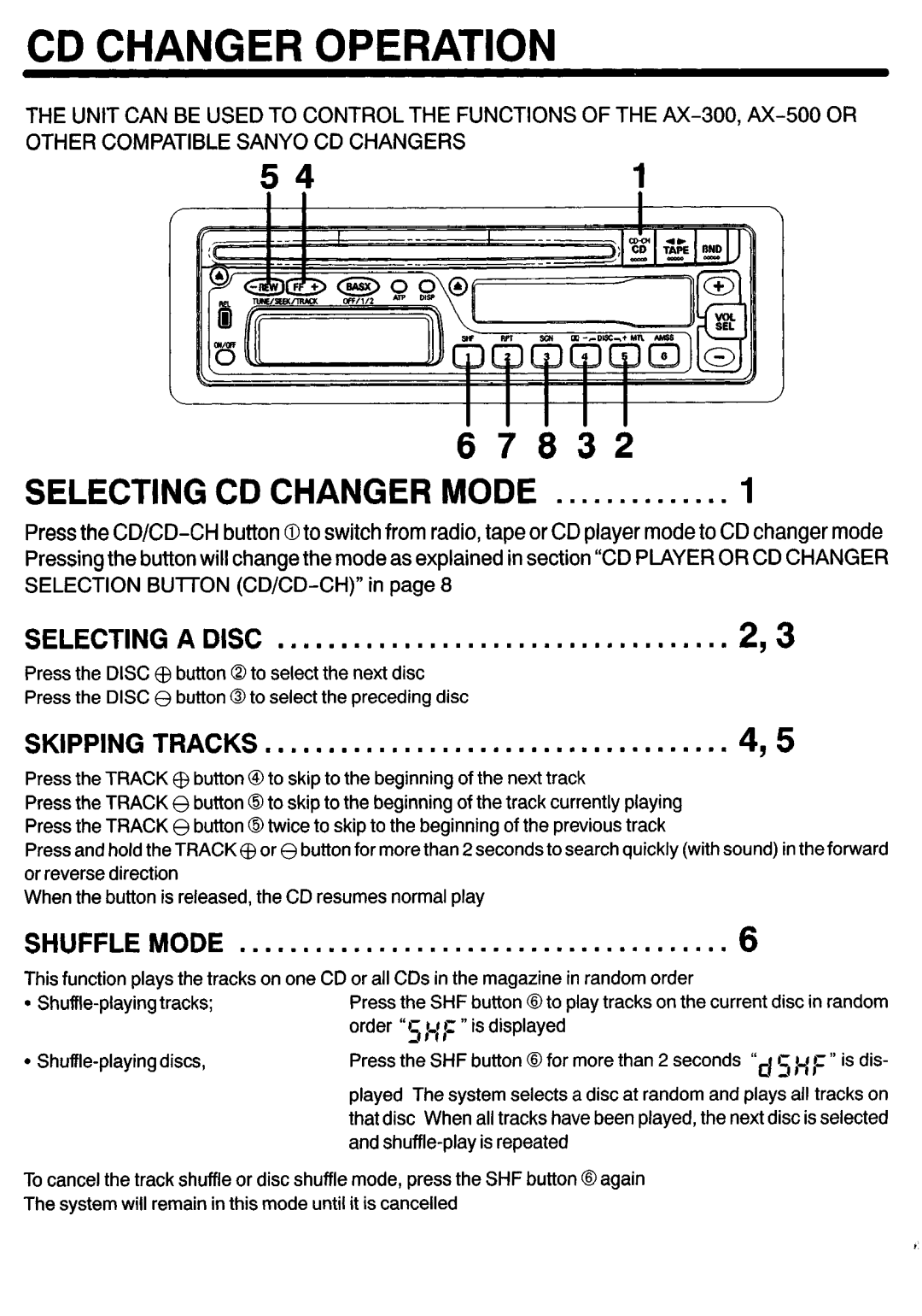 Sanyo FXCD-500 manual Cd Changer Operation, 541, Shuffle Mode, Skipping Tracks 