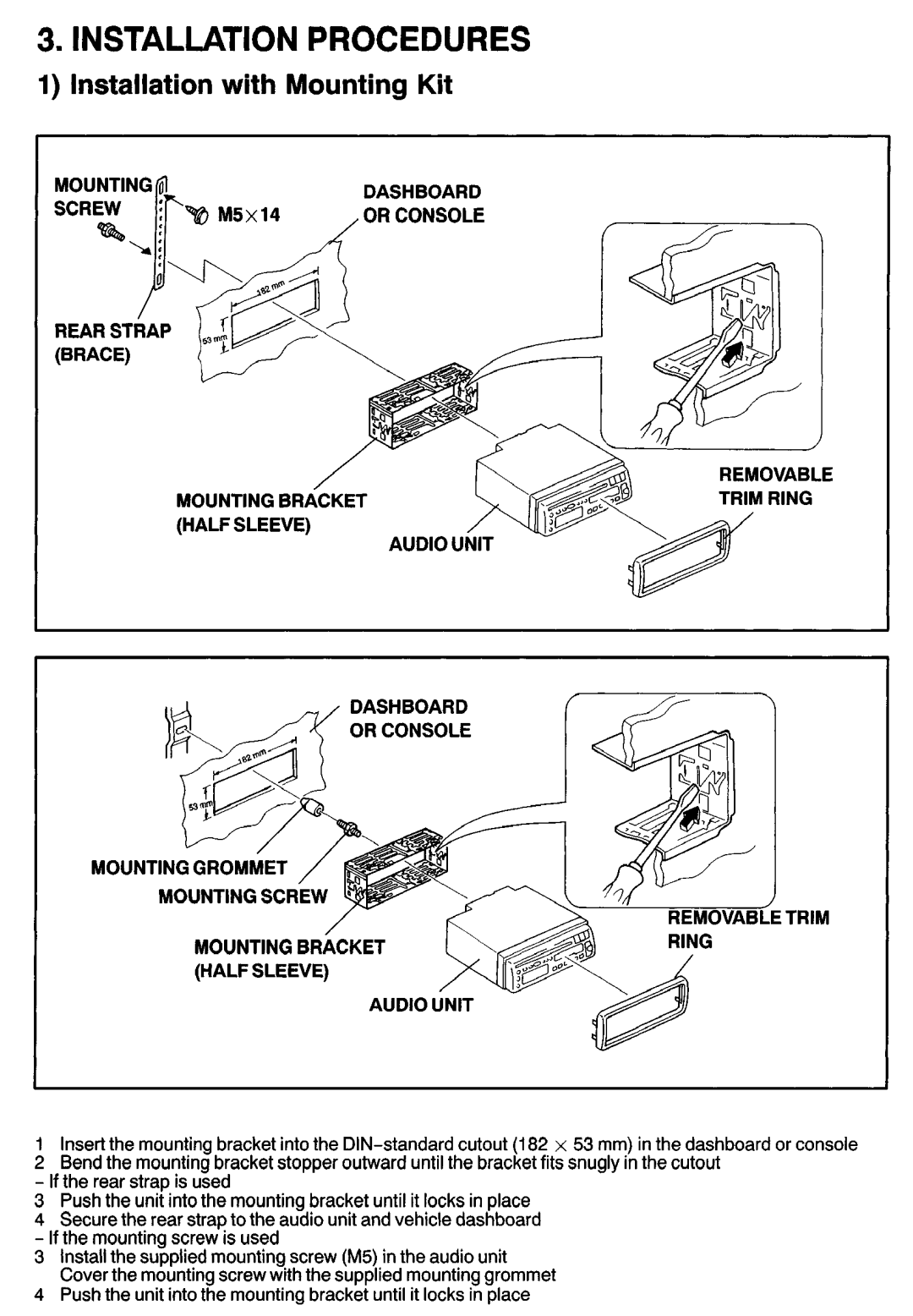Sanyo FXCD-500 manual Installation Procedures, Installation with Mounting Kit 