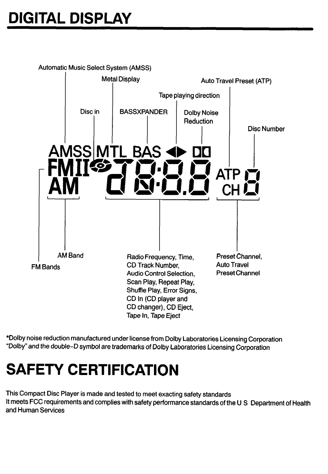 Sanyo FXCD-500 manual Digital Display, Safety Certification 
