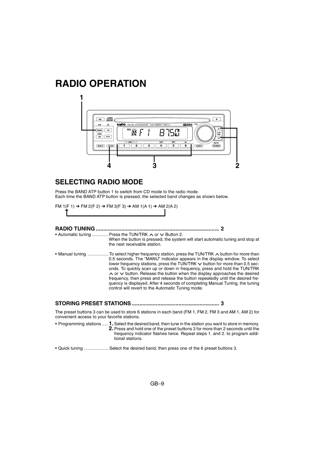 Sanyo FXD-780RDS operating instructions Radio Operation, Selecting Radio Mode, Radio Tuning, Storing Preset Stations 