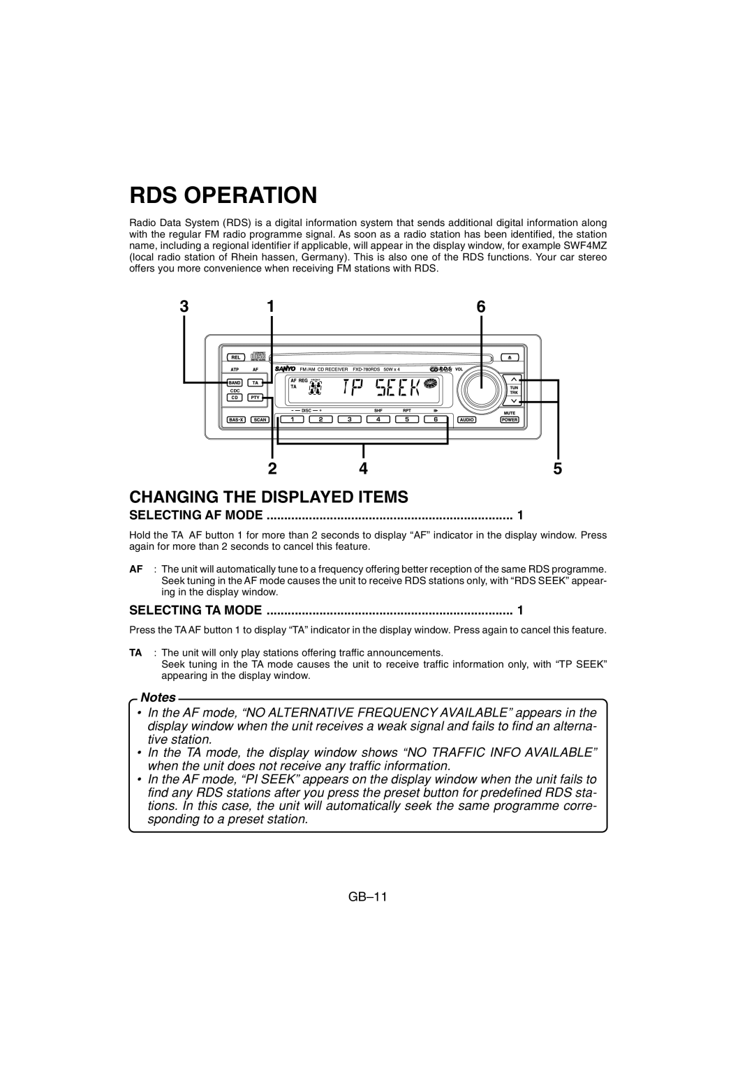 Sanyo FXD-780RDS operating instructions RDS Operation, Changing the Displayed Items, Selecting AF Mode, Selecting TA Mode 