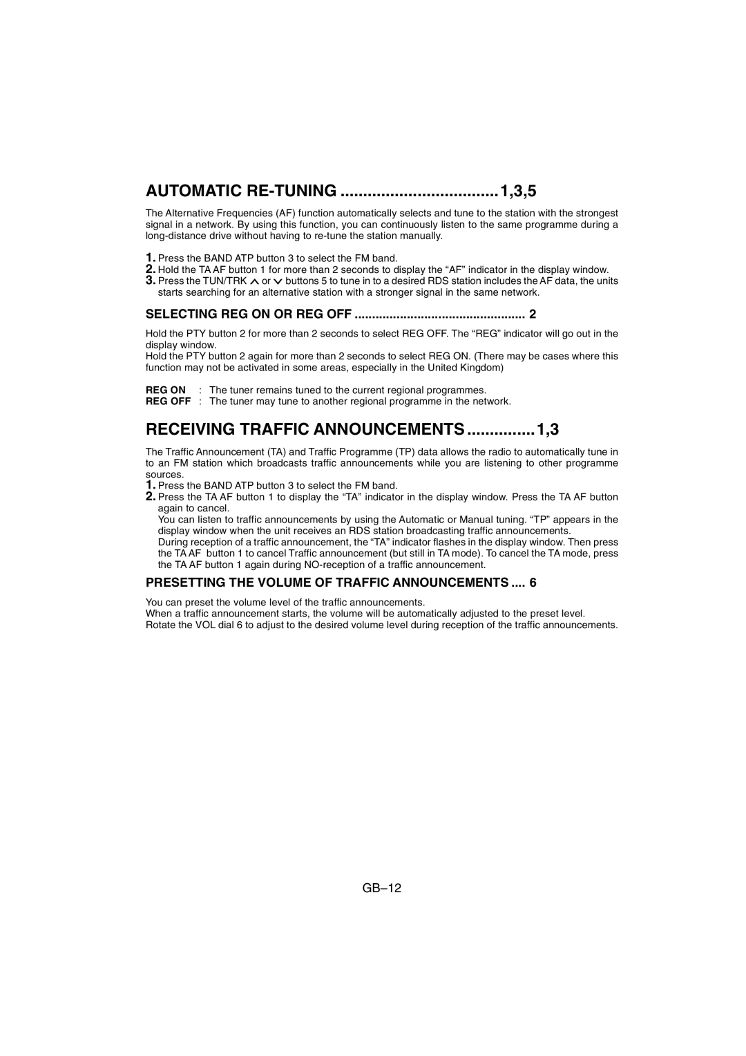 Sanyo FXD-780RDS Automatic RE-TUNING, Receiving Traffic Announcements, Presetting the Volume of Traffic Announcements 