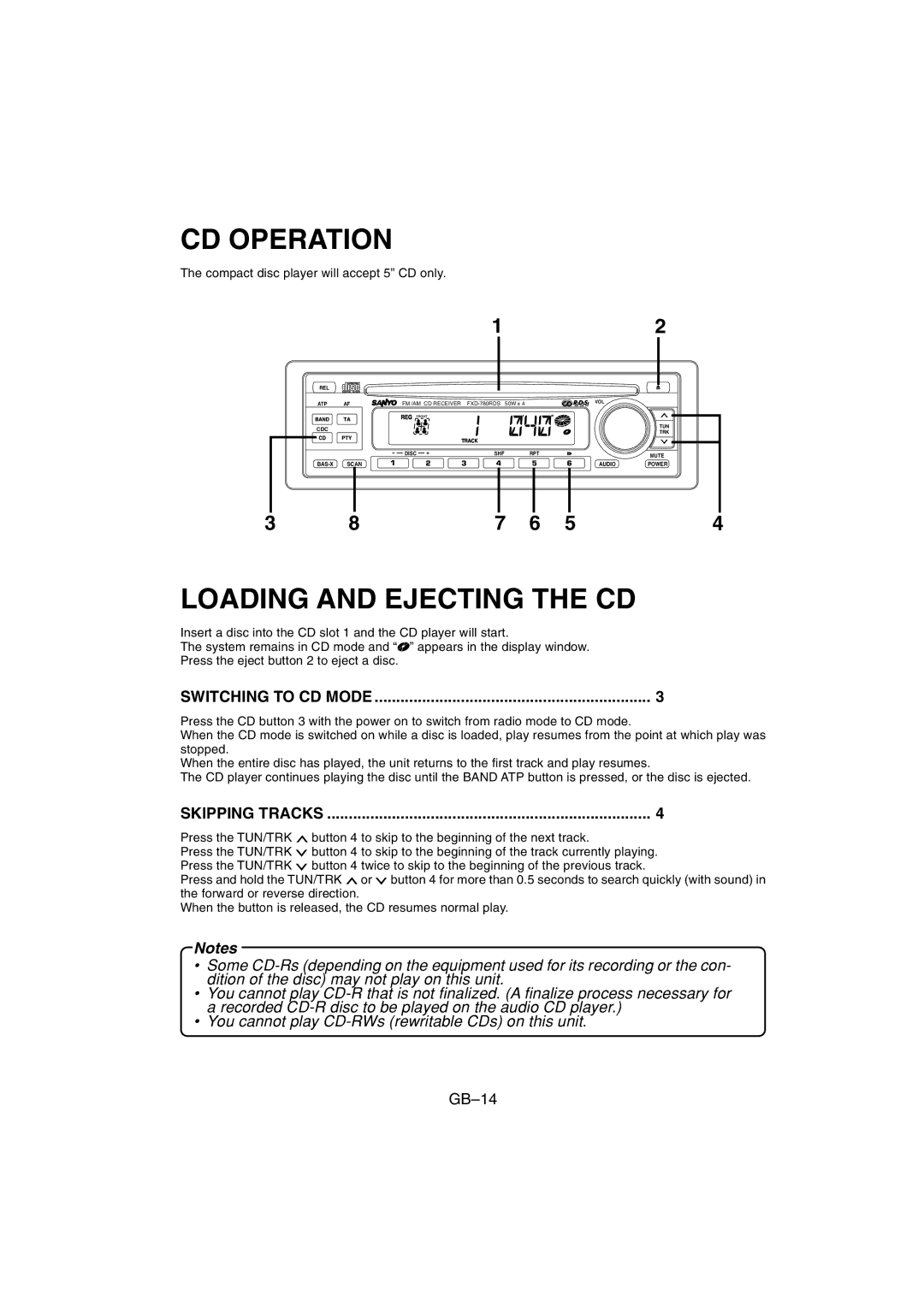 Sanyo FXD-780RDS operating instructions CD Operation, Loading and Ejecting the CD, Switching to CD Mode, Skipping Tracks 