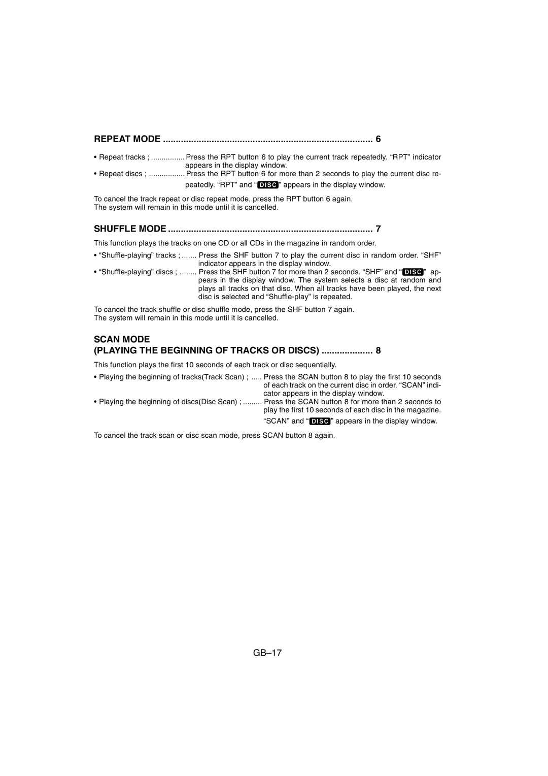 Sanyo FXD-780RDS operating instructions Repeat Mode, Scan Mode Playing the Beginning of Tracks or Discs 