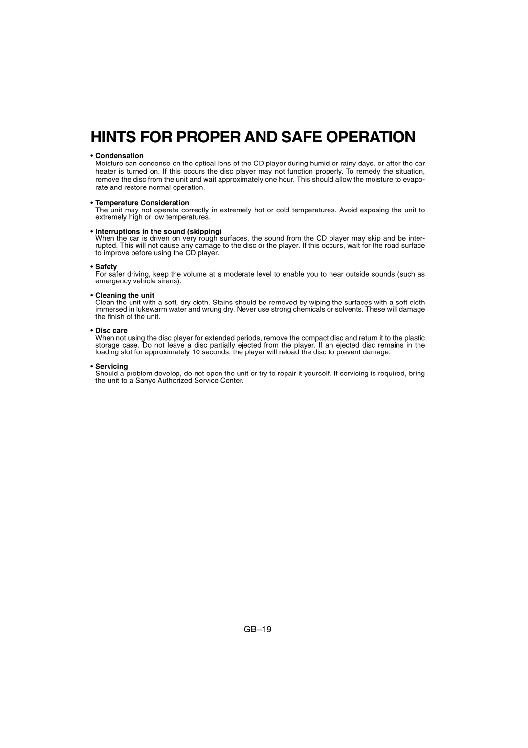 Sanyo FXD-780RDS operating instructions Hints for Proper and Safe Operation 