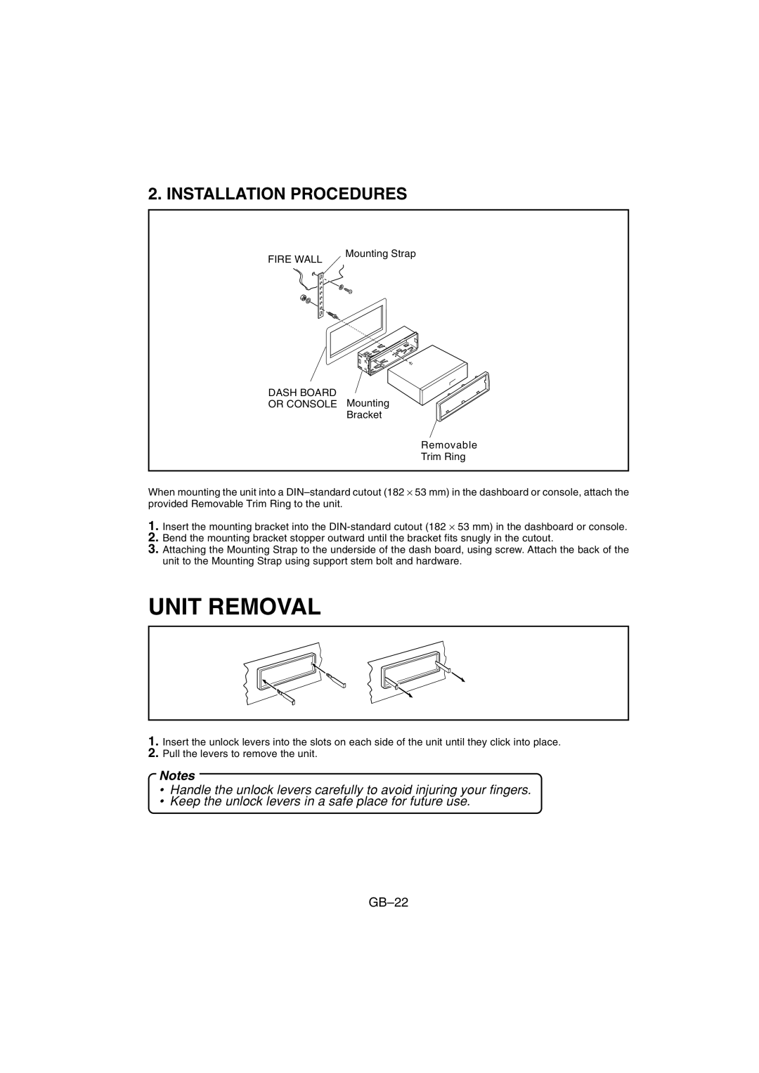 Sanyo FXD-780RDS operating instructions Unit Removal, Installation Procedures, Fire Wall, Dash Board 