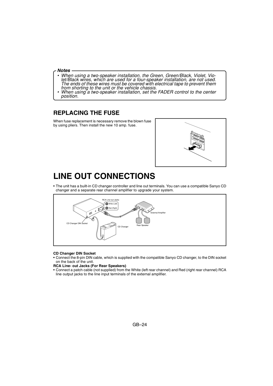 Sanyo FXD-780RDS Line OUT Connections, Replacing the Fuse, CD Changer DIN Socket, RCA Line- out Jacks For Rear Speakers 