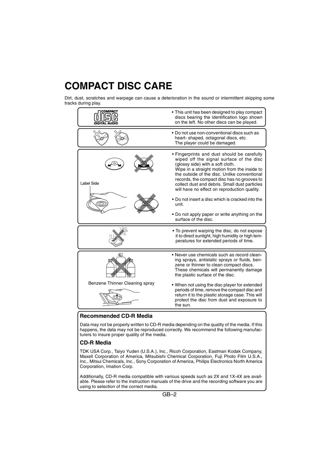 Sanyo FXD-780RDS operating instructions Compact Disc Care, Recommended CD-R Media 