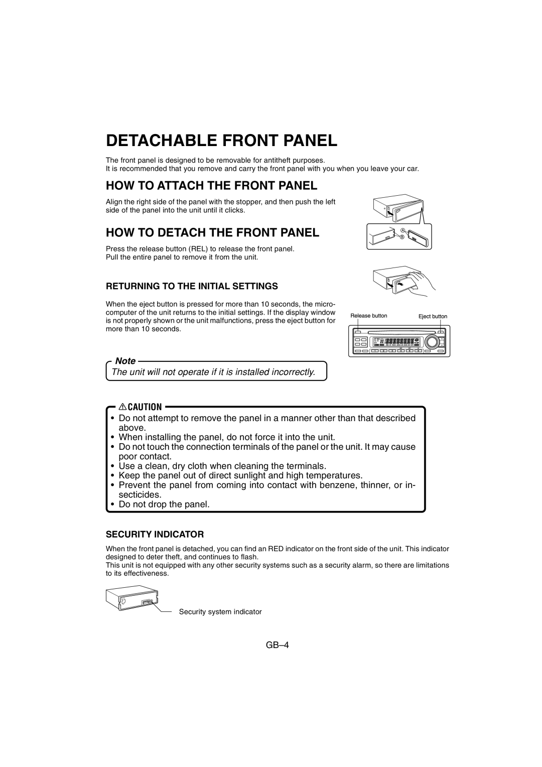 Sanyo FXD-780RDS Detachable Front Panel, HOW to Attach the Front Panel, HOW to Detach the Front Panel, Security Indicator 