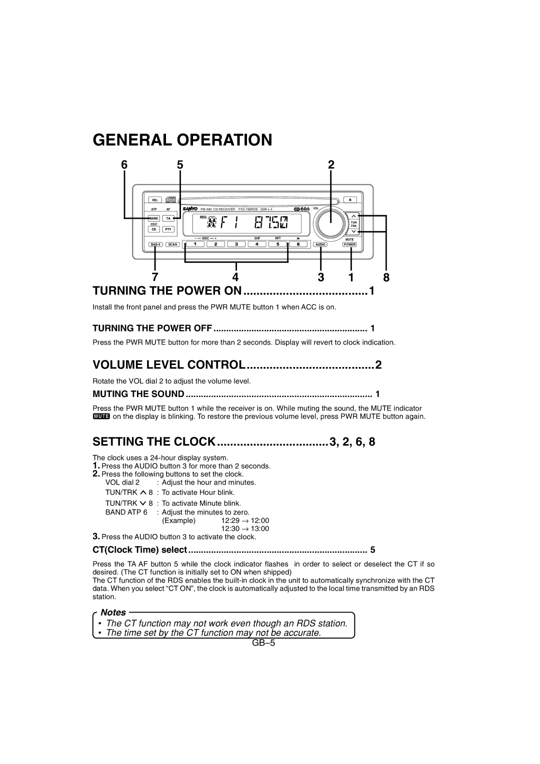 Sanyo FXD-780RDS operating instructions General Operation, Turning the Power on, Volume Level Control, Setting the Clock 