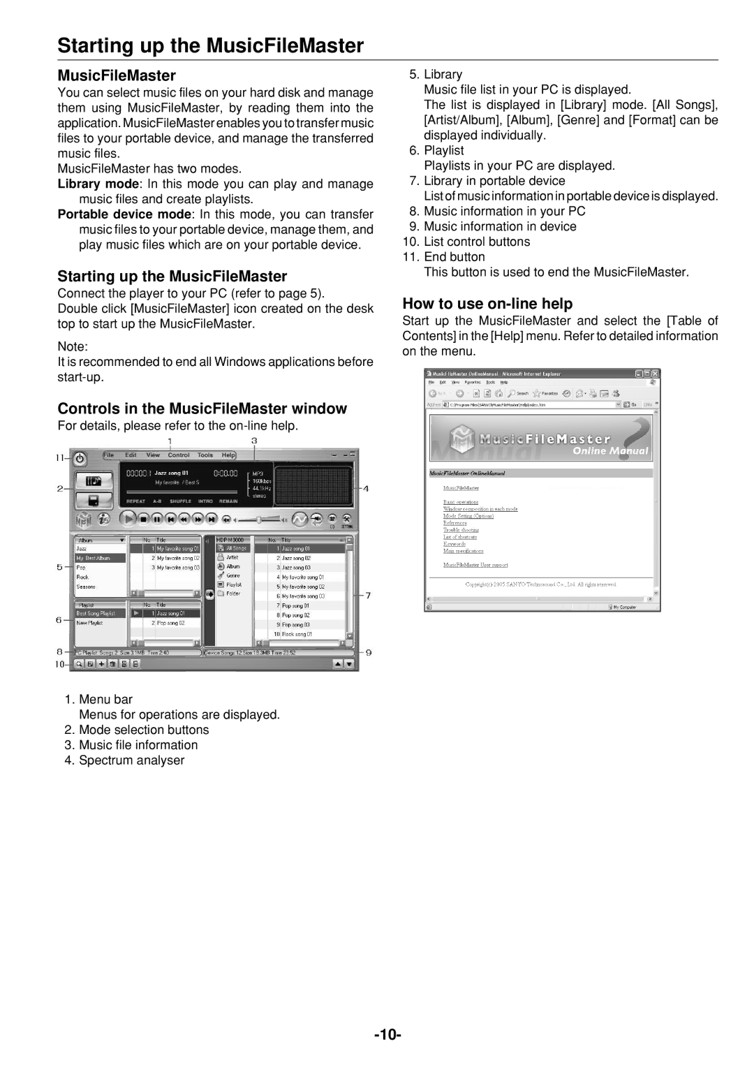 Sanyo HDP-M3000 Starting up the MusicFileMaster, Controls in the MusicFileMaster window, How to use on-line help 