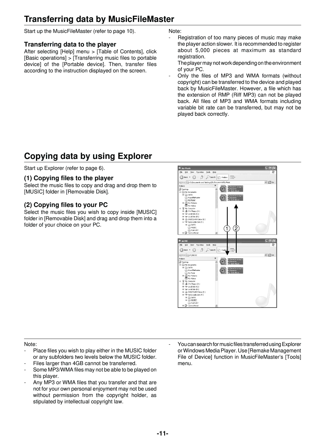 Sanyo HDP-M3000 Transferring data by MusicFileMaster, Copying data by using Explorer, Transferring data to the player 