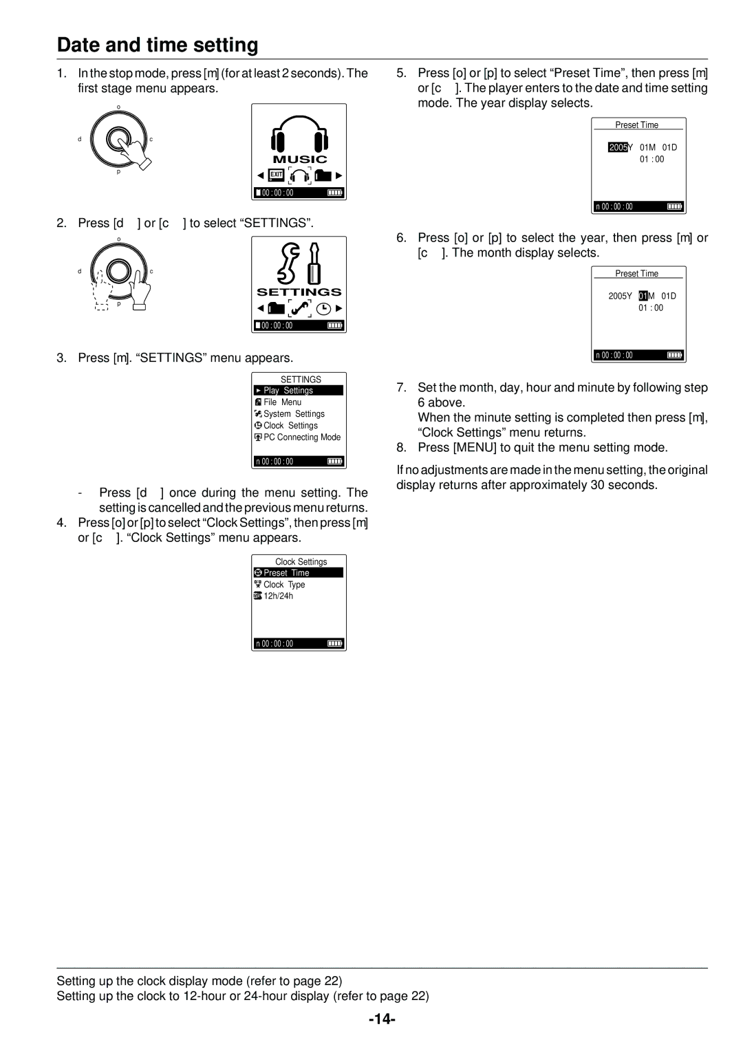 Sanyo HDP-M3000 instruction manual Date and time setting, Press m. Settings menu appears 