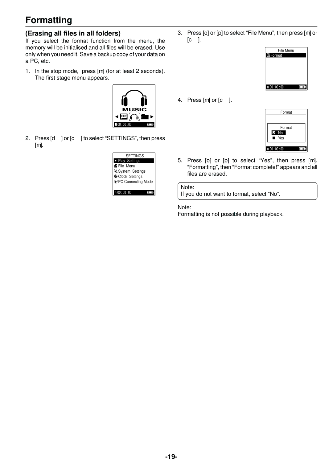 Sanyo HDP-M3000 instruction manual Formatting, Erasing all files in all folders 