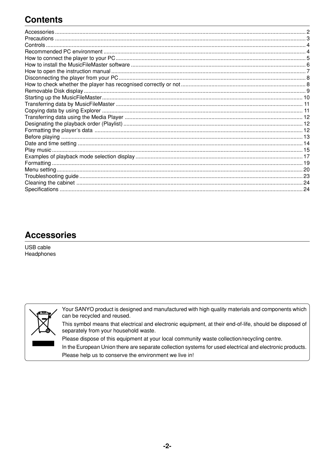 Sanyo HDP-M3000 instruction manual Contents, Accessories 