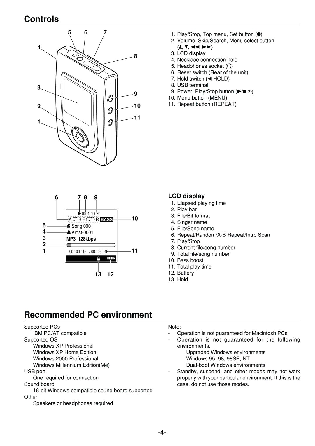 Sanyo HDP-M3000 instruction manual Controls, Recommended PC environment, LCD display 