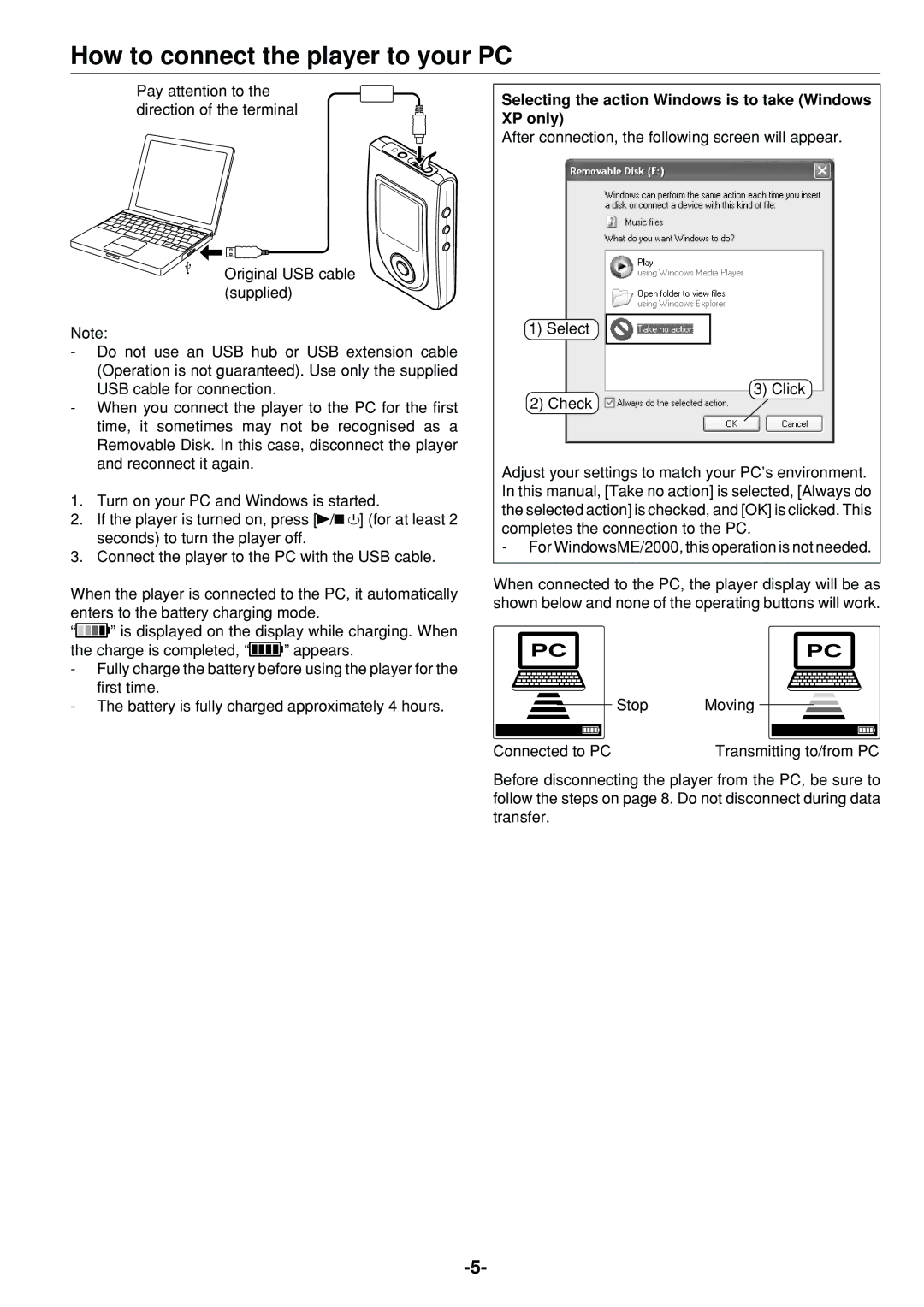 Sanyo HDP-M3000 How to connect the player to your PC, Selecting the action Windows is to take Windows XP only 