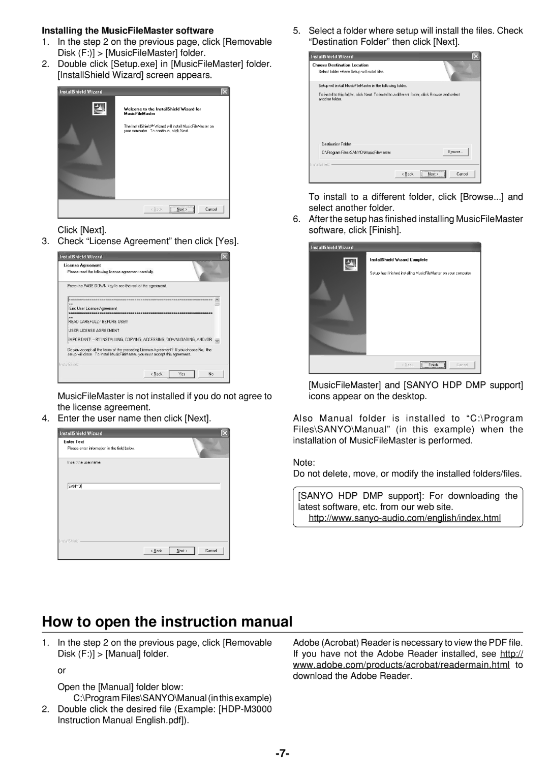 Sanyo HDP-M3000 instruction manual Installing the MusicFileMaster software 