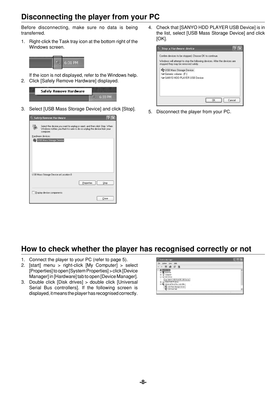 Sanyo HDP-M3000 instruction manual Disconnecting the player from your PC 