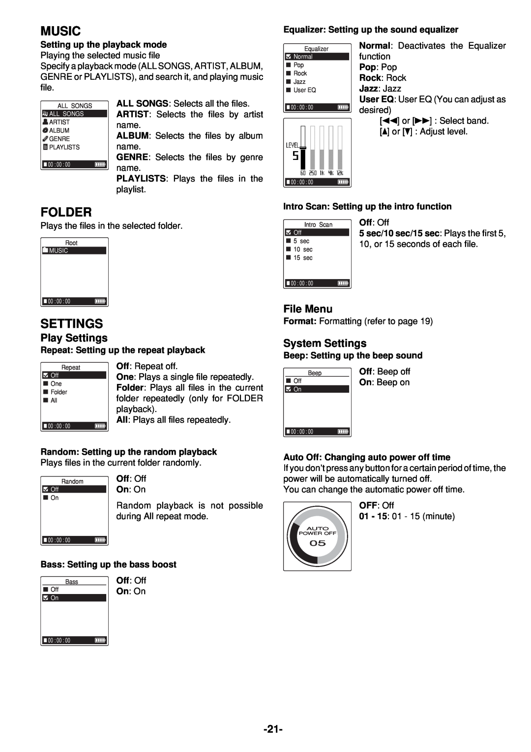 Sanyo HDP-M3000 instruction manual Music, Folder, Play Settings, File Menu, System Settings 