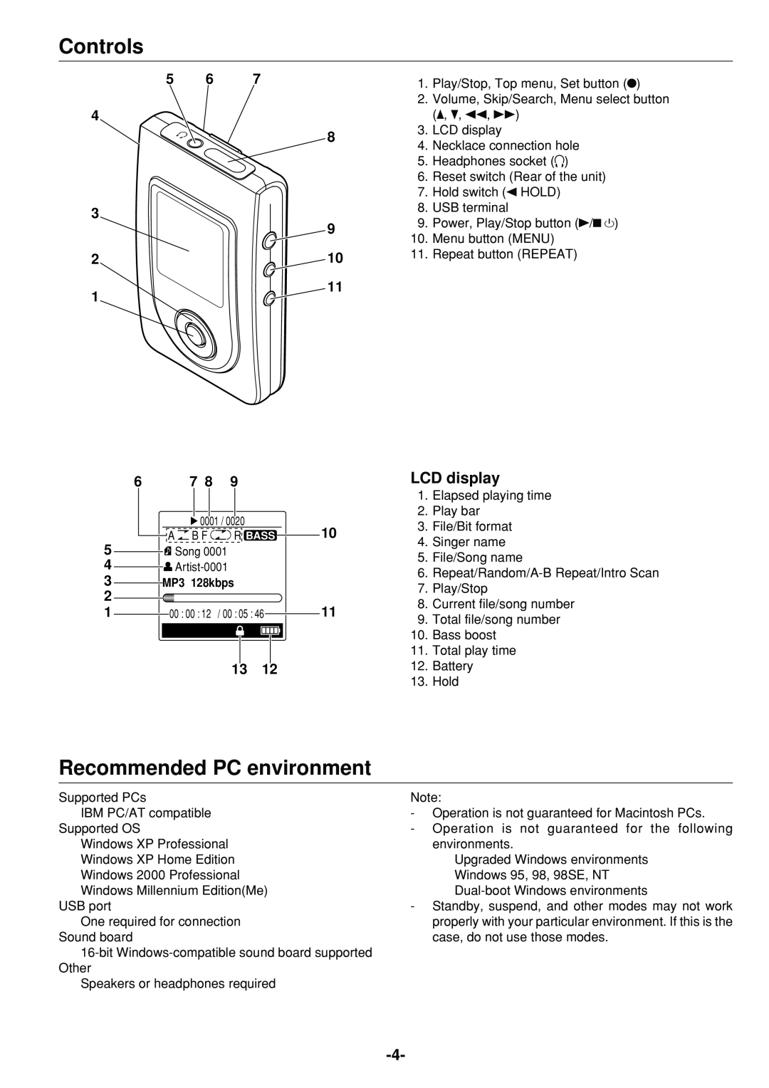 Sanyo HDP-M3000 instruction manual Controls, Recommended PC environment, LCD display, 5 6 4 8 3 9 210 