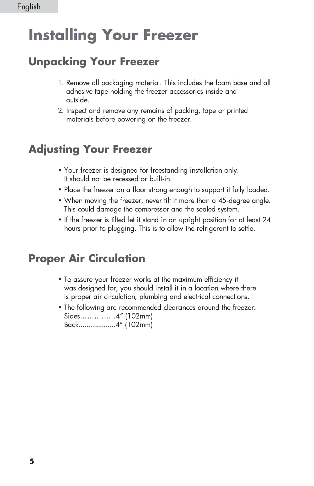 Sanyo HF-710 Installing Your Freezer, Unpacking Your Freezer, Adjusting Your Freezer, Proper Air Circulation 