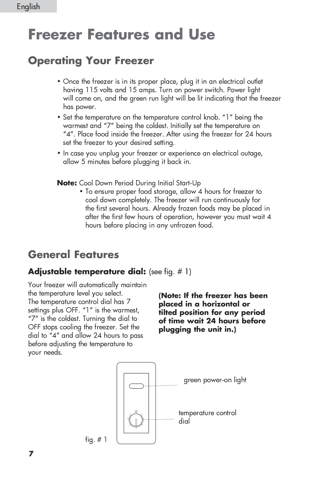 Sanyo HF-710 Freezer Features and Use, Operating Your Freezer, General Features, Adjustable temperature dial see fig. # 