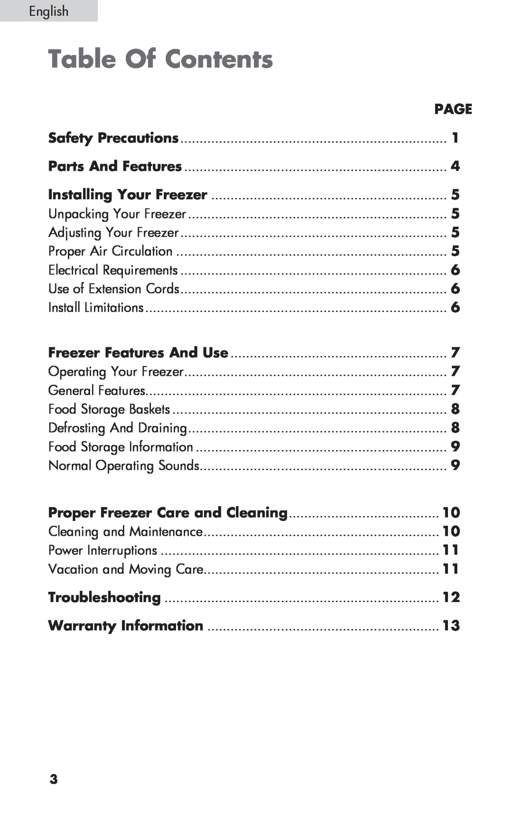 Sanyo HF-710 instruction manual Table Of Contents, English, Page, Proper Freezer Care and Cleaning, Warranty Information 