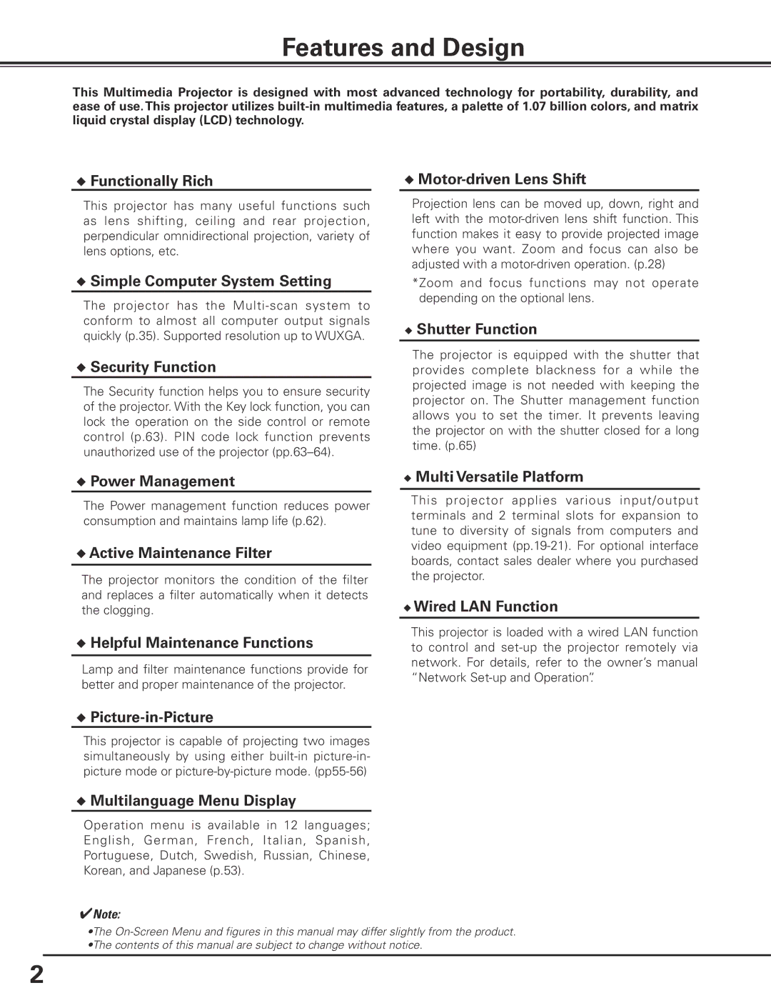 Sanyo HF10000L owner manual Features and Design, Functionally Rich Motor-driven Lens Shift 