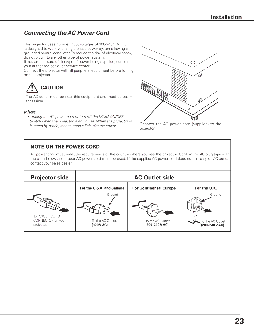 Sanyo HF10000L Connecting the AC Power Cord, Projector side, For the U.K, For the U.S.A. and Canada For Continental Europe 