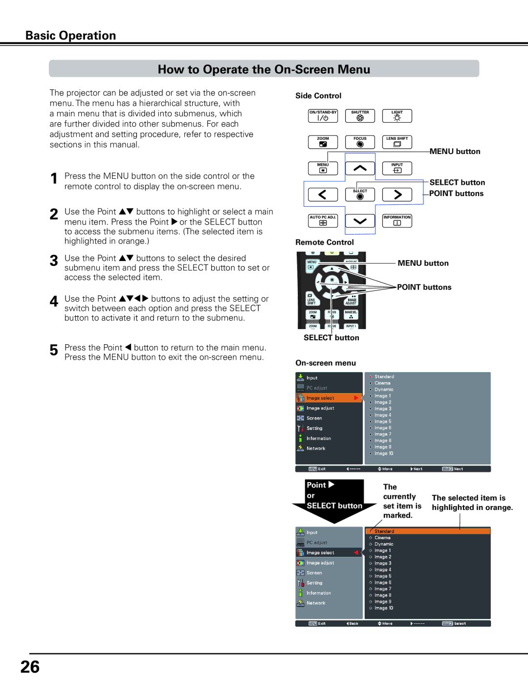 Sanyo HF10000L Basic Operation How to Operate the On-Screen Menu, Select button On-screen menu, Currently Selected item is 