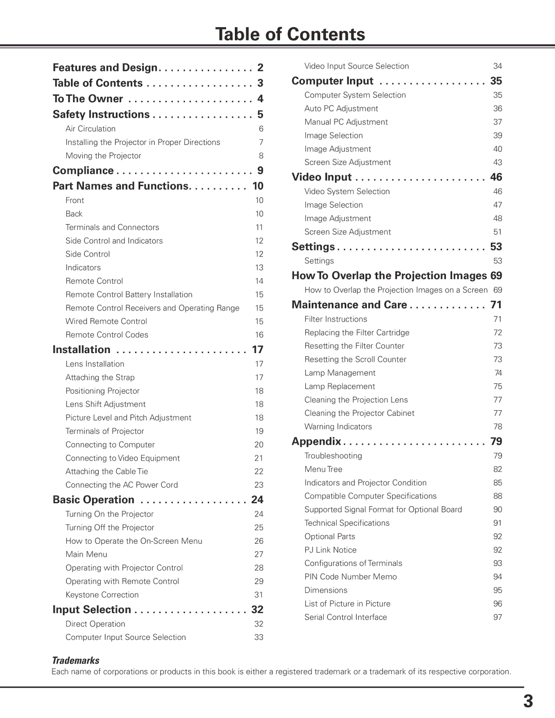 Sanyo HF10000L owner manual Table of Contents 