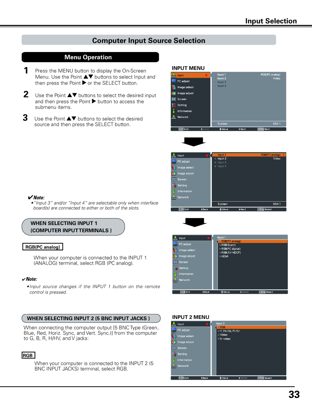 Sanyo HF10000L owner manual Input Selection Computer Input Source Selection, Menu Operation, Rgbpc analog 