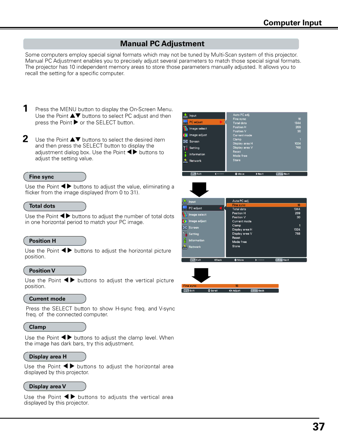 Sanyo HF10000L owner manual Computer Input Manual PC Adjustment 