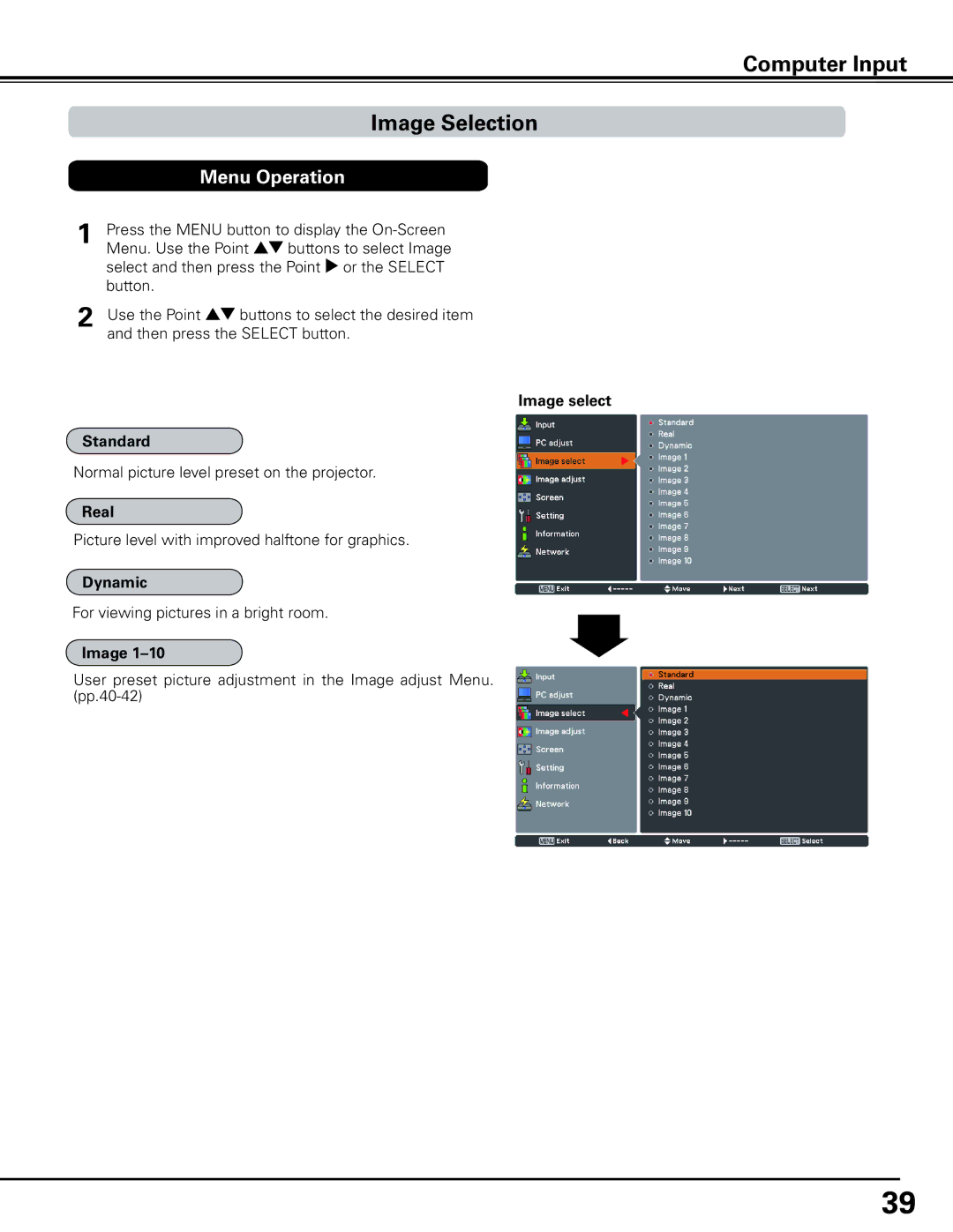 Sanyo HF10000L owner manual Image select Standard, Real, Dynamic 