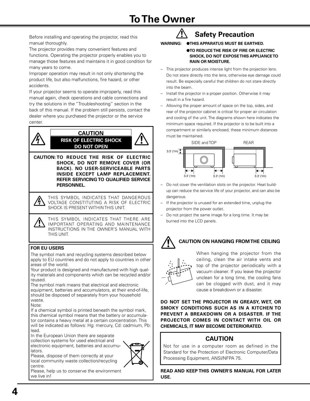 Sanyo HF10000L owner manual To The Owner, Safety Precaution 