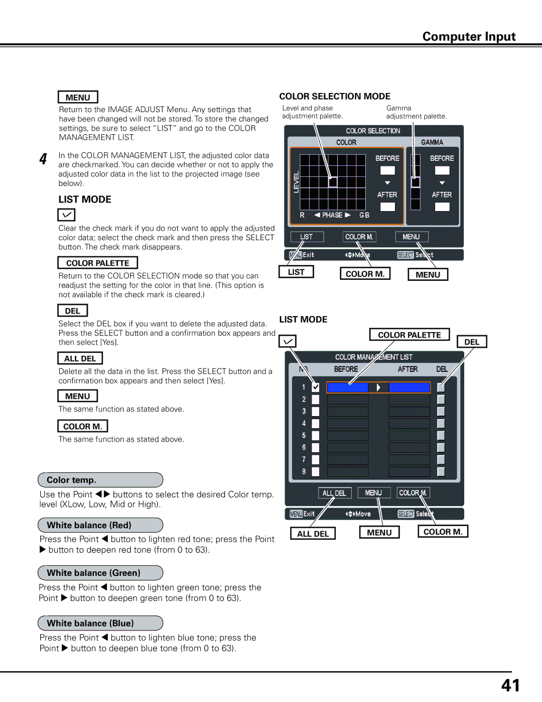 Sanyo HF10000L owner manual Color temp, White balance Red, White balance Green, White balance Blue 