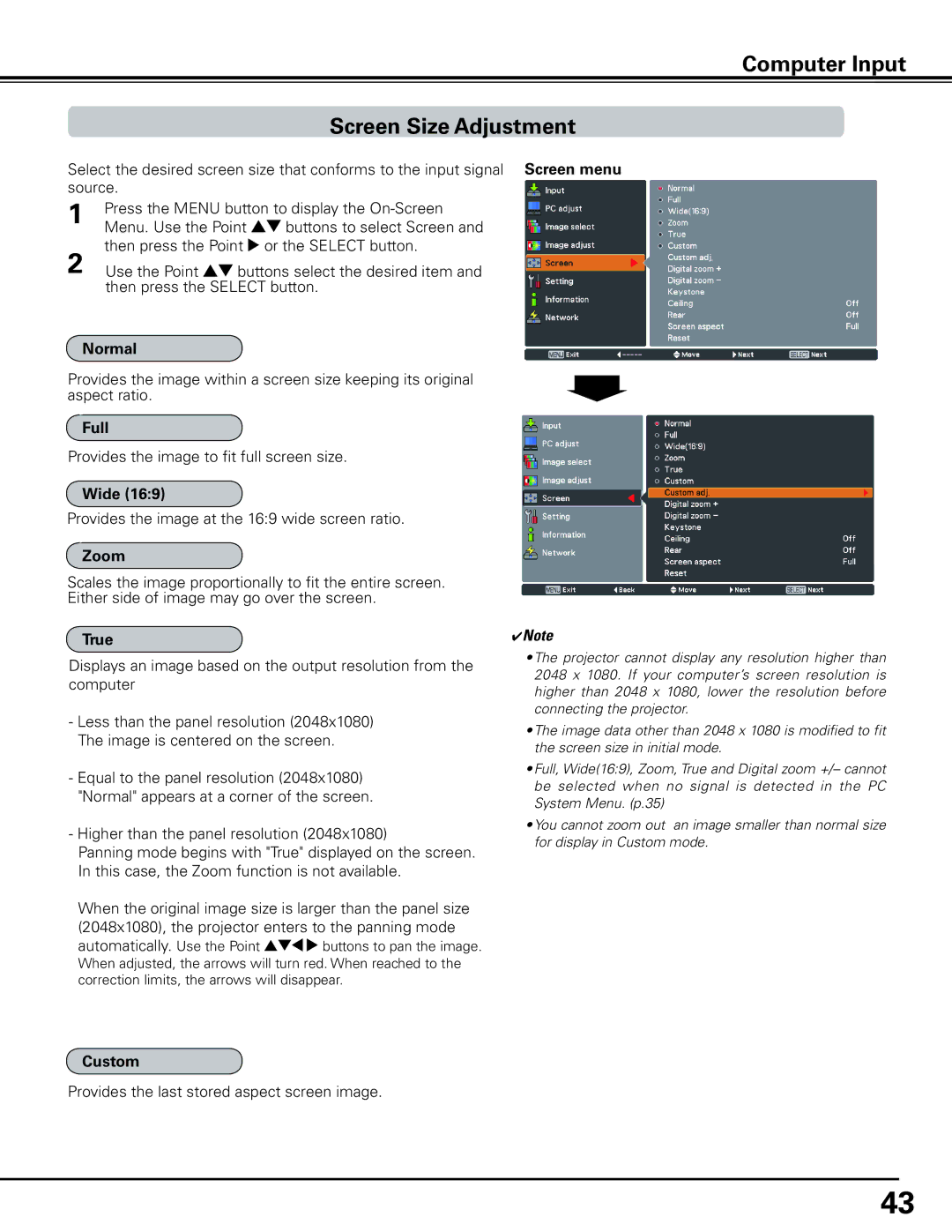 Sanyo HF10000L owner manual Computer Input Screen Size Adjustment 