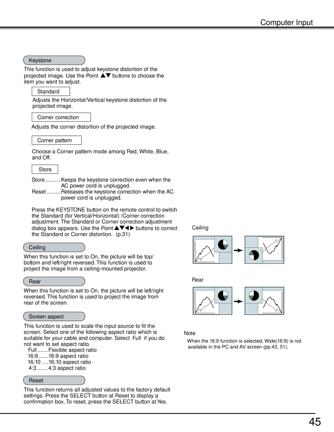 Sanyo HF10000L owner manual Keystone, Corner correction, Corner pattern, Ceiling, Rear, Screen aspect 