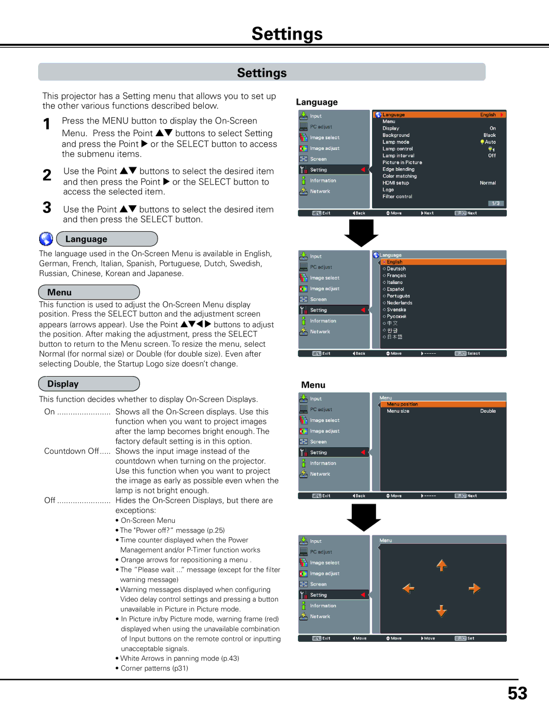 Sanyo HF10000L owner manual Settings 