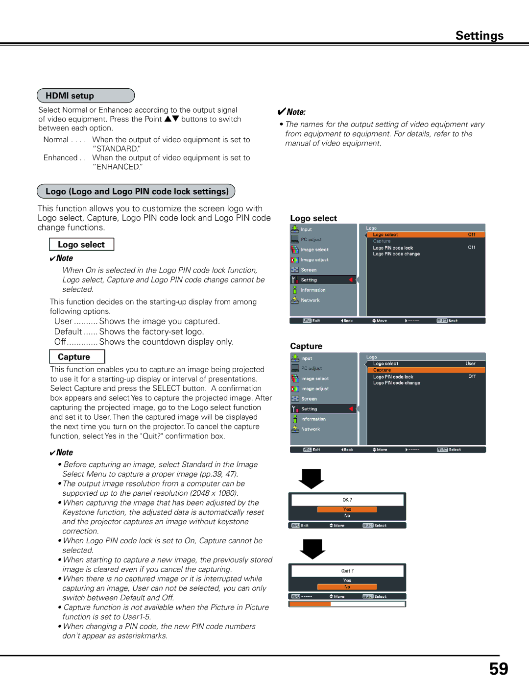 Sanyo HF10000L owner manual Hdmi setup, Logo Logo and Logo PIN code lock settings, Logo select Capture 