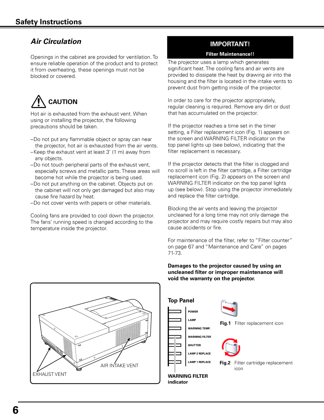 Sanyo HF10000L owner manual Safety Instructions, Air Circulation, Top Panel 