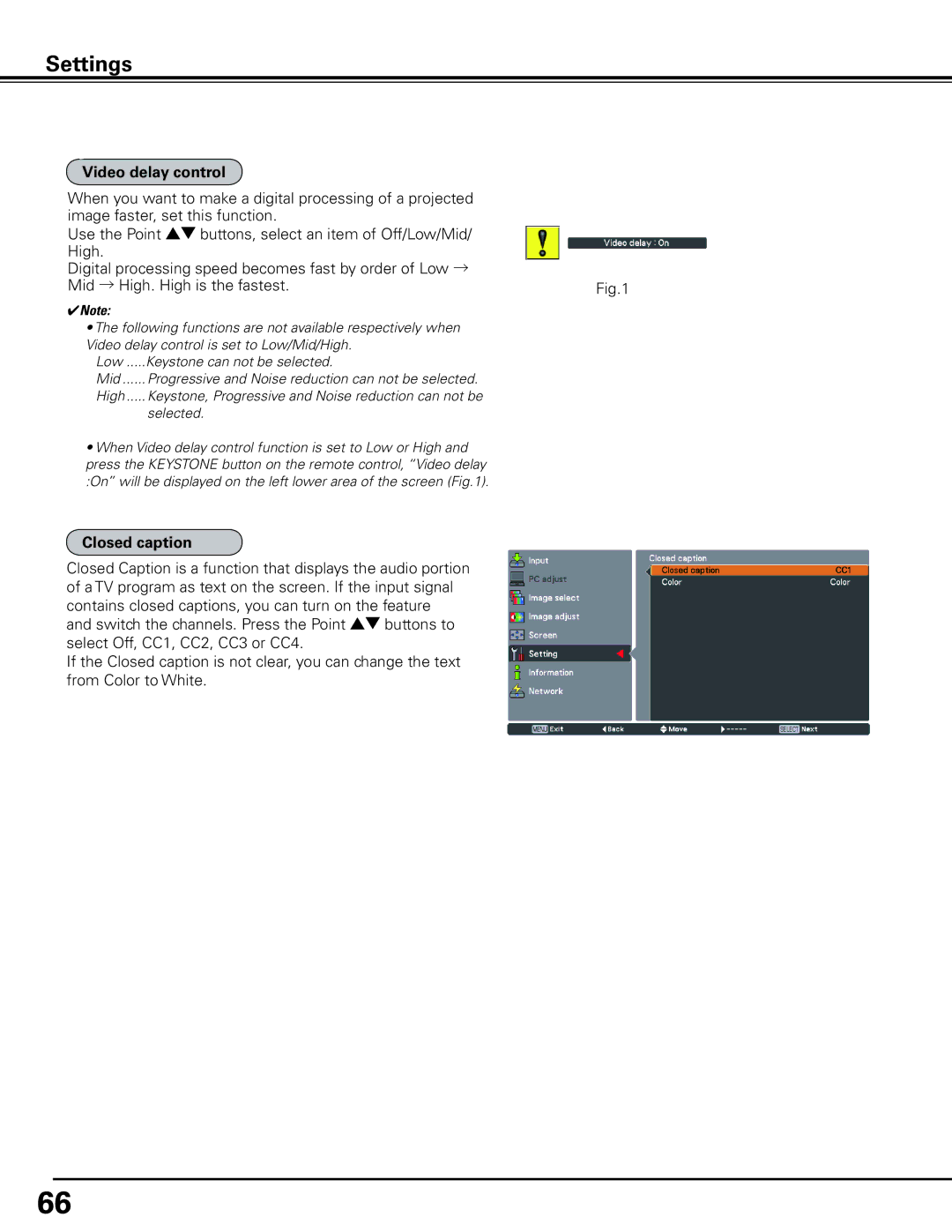 Sanyo HF10000L owner manual Video delay control, Closed caption 