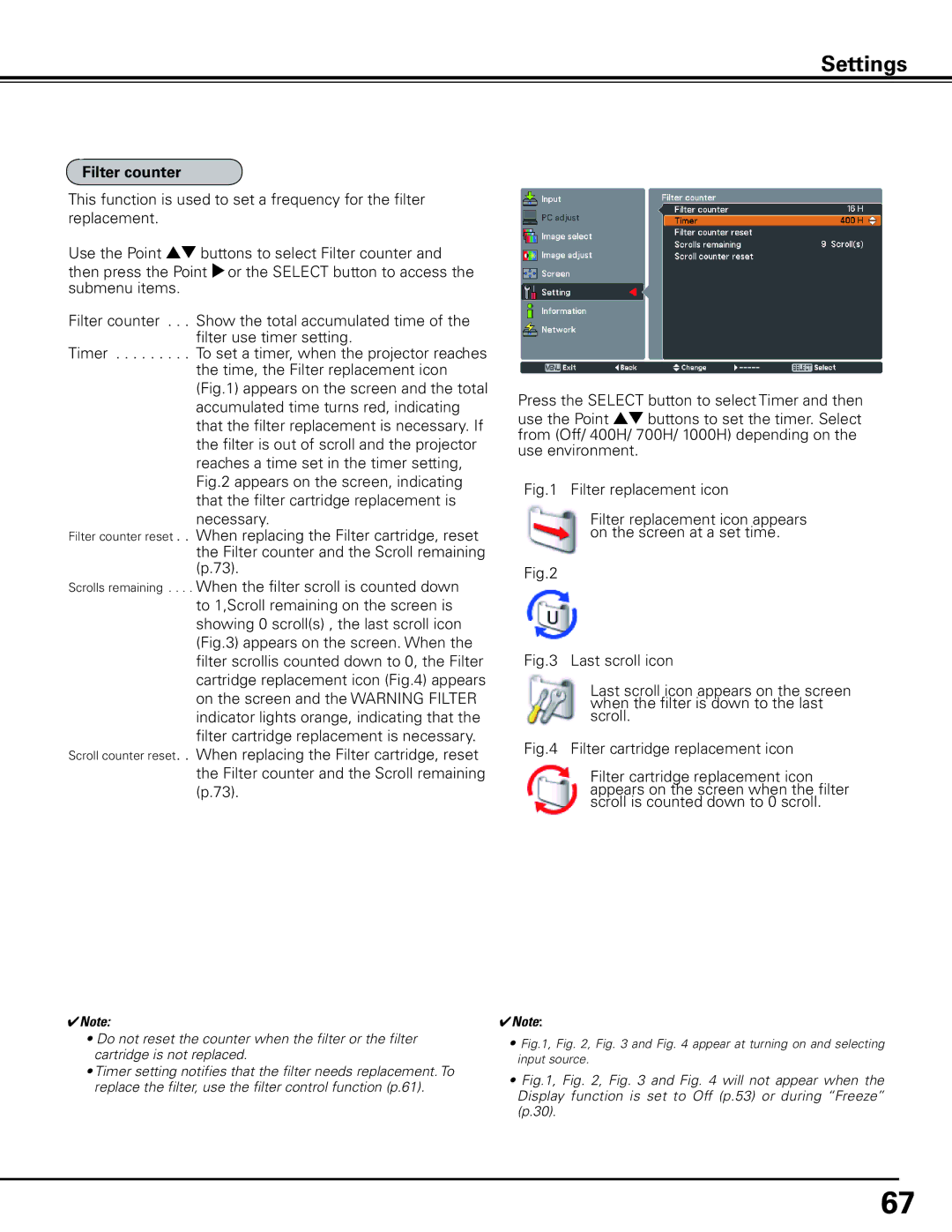 Sanyo HF10000L owner manual Filter counter, Appear at turning on and selecting input source 