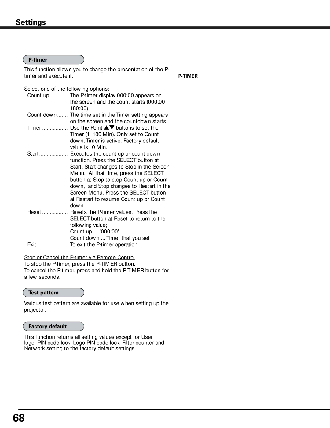 Sanyo HF10000L owner manual Timer, Factory default 