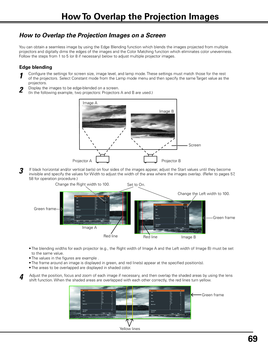 Sanyo HF10000L How To Overlap the Projection Images, How to Overlap the Projection Images on a Screen, Edge blending 