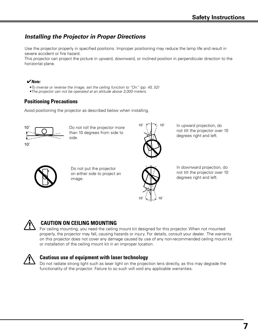 Sanyo HF10000L owner manual Installing the Projector in Proper Directions, Positioning Precautions 