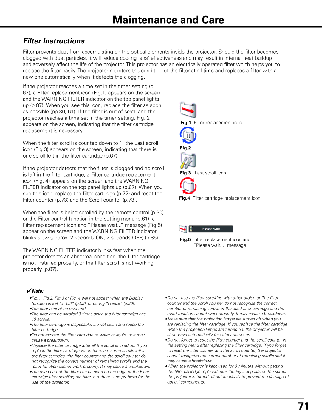 Sanyo HF10000L owner manual Maintenance and Care, Filter Instructions 