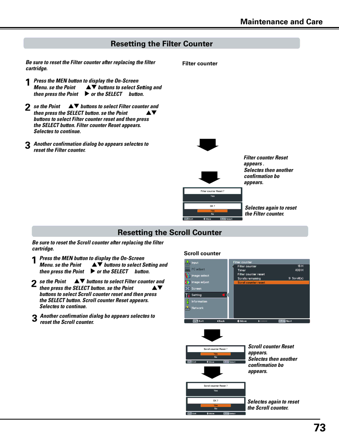 Sanyo HF10000L owner manual Maintenance and Care Resetting the Filter Counter, Resetting the Scroll Counter, Scroll counter 