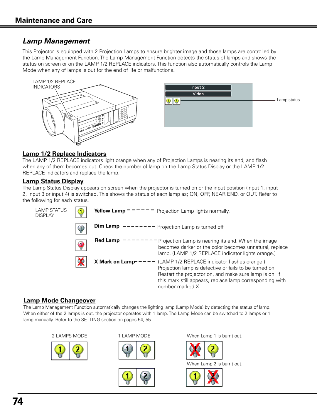 Sanyo HF10000L owner manual Lamp Management, Yellow Lamp, Dim Lamp, Red Lamp, Mark on Lamp 